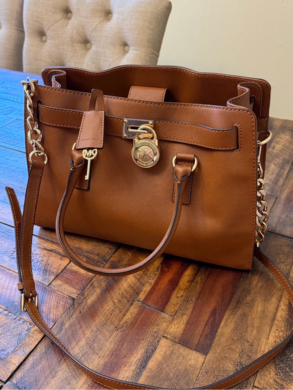 Michael Kors Cognac Saffiano Leather Satchel with Gold Hardware